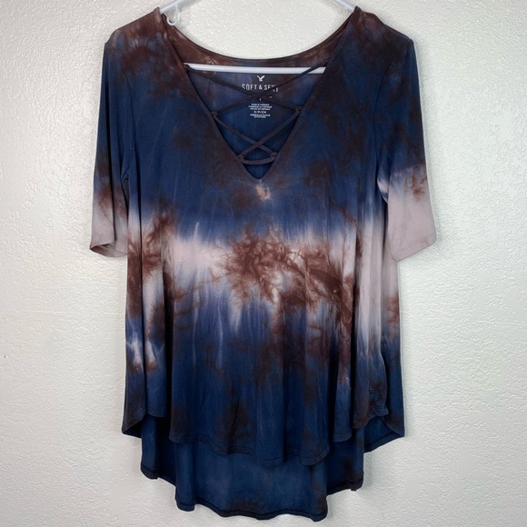 AEO Soft & Sexy lace up Blue & brown tie dye shirt - Picture 2 of 7